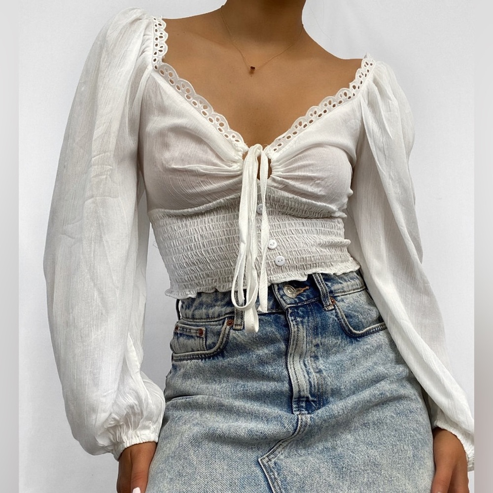 Princess Polly White Long Sleeve Eyelet Top